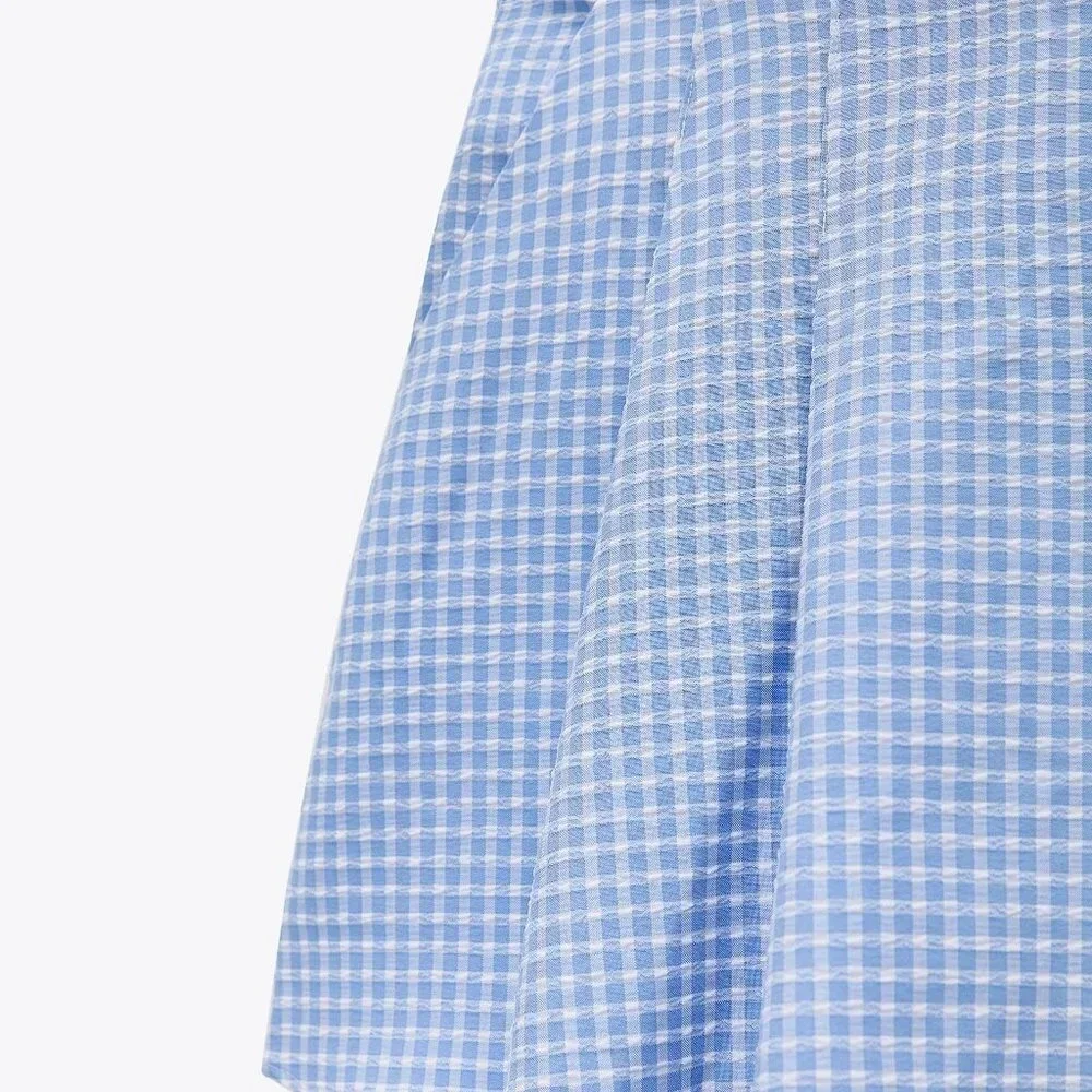 Zara Textured Gingham Split Skirt Blue White Size Medium